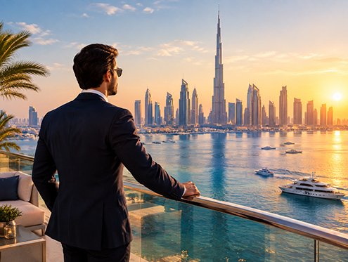 Businessman overlooking the Dubai skyline at sunset